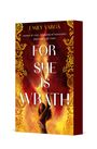 Titel: FOR SHE IS WRATH. Emma Varga. Frau mit erhobenem Arm vor feurigem Hintergrund und goldenen Ornamenten.