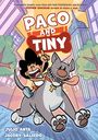 Cover der Graphic Novel "Paco and Tiny": Junge reitet auf großem Hund, Stadtlandschaft im Hintergrund.