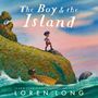 Text: „The Boy & the Island, Loren Long“. Ein Junge steht auf einer grünen Insel neben einem Holzboot.