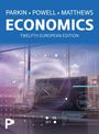 Text: "PARKIN · POWELL · MATTHEWS ECONOMICS TWELFTH EUROPEAN EDITION". Moderne Symbole und ein Laptop in Büroumgebung.