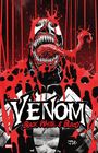 "VENOM Black, White & Blood." Illustration von Venom mit weit aufgerissenem Maul, langen Zähnen und herausgestreckter Zunge.
