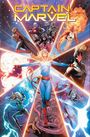 "CAPTAIN MARVEL" in gelbem Text. Verschiedene heldenhafte Figuren in kraftvollen Posen in einem bunten, strahlenden Design.