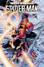 "Miles Morales: Spider-Man" steht oben. Illustration zeigt Spider-Man im Kampf, umgeben von Blitzen und Energie.
