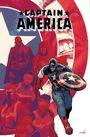 „CAPTAIN AMERICA“ steht groß oben. Captain America rennt mit seinem Schild vorne, begleitet von mehreren Figuren im Hintergrund.