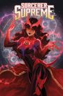 Text: "SORCERER SUPREME". Farbige Illustration einer Frau in Rot mit magischen Symbolen und Licht.