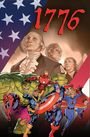"1776" in großen roten Ziffern. Darunter historische Figuren und Superhelden wie Hulk und Captain America.