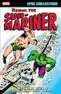 Text: "Namor, The Sub-Mariner", "Destiny or Death". Zwei Superhelden fliegen über eine Stadt am Meer. Comic-Stil.