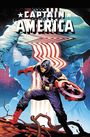 "CAPTAIN AMERICA" in fetten Buchstaben. Illustration: Captain America in dynamischer Pose mit Schild im Vordergrund.