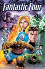 „Fantastic Four“ in großer Schrift. Vier Helden posieren, umgeben von bunten, dynamischen Elementen. Comic-Illustration.