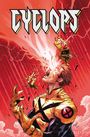 "CYCLOPS" in großen Buchstaben. Ein Mann in gelber Kleidung, Lichtstrahl aus den Augen, zerschmetterte Brille, roter Hintergrund.