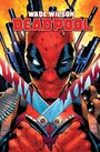 "Wade Wilson Deadpool" in roten Buchstaben über einer Illustration eines maskierten Charakters mit Schwertern und Waffen im Hintergrund.