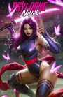 „PSYLOCKE NINJA“ in pink-weißer Schrift. Eine Frau mit lila Haaren, Ninja-Outfit, umgeben von pinkem Licht.