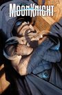 Text: "Marc Spector: Moon Knight". Illustration eines maskierten Kriegers, der mit verschränkten Armen zwei Halbmond-Waffen hält.