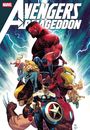 "Avengers Armageddon" in großen Buchstaben. Illustration von Superhelden in dynamischen Posen mit Blitzen im Hintergrund.