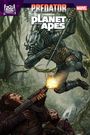 Text: "Predator versus Planet of the Apes". Ein Predator kämpft im Dschungel gegen bewaffnete Affen. Marvel und 20th Century Studios Logos.