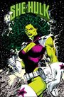 Text oben: "SHE-HULK". Illustration einer grünhäutigen Frau mit lockigem Haar in lila Anzug und weißem Zubehör.