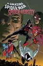 „The Amazing Spider-Man: Spider-Versity“ steht oben. Verschiedene Spider-Man-Versionen fliegen oder schwingen durch die Luft.