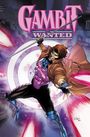 Text: "Gambit Wanted". Eine dynamische Illustration eines Mannes mit Stock und Spielkarten. Hintergrund urban und energiegeladen.