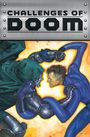 Text: "CHALLENGES OF DOOM". Illustration zweier sich bekämpfender Figuren, eine in Metallrüstung, die andere in Blau.