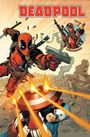 Oben steht "DEADPOOL". Im Hintergrund hält eine Figur Waffen. Im Vordergrund kämpft Deadpool mit Captain America.