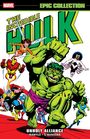 "THE INCREDIBLE HULK" und "EPIC COLLECTION" oben, "UNHOLY ALLIANCE" unten; grüne Figur Hulk in Aktion, umgeben von Helden.