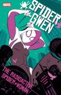 „SPIDER-GWEN“ oben, „THE RADIOACTIVE SPIDER-WOMAN“ unten. Eine stilisierte Superheldin schwingt durch eine Stadt.