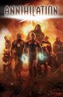 „ANNIHILATION“ in großen Buchstaben. Darstellung mehrerer Helden in futuristischer Kleidung vor explosivem Hintergrund.