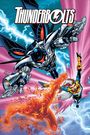 "THUNDERBOLTS"-Schriftzug oben, darunter fliegen maskierte Helden in dynamischer Pose, einer in Flammen gehüllt.