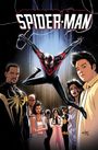 "SPIDER-MAN" in großen Buchstaben. Spider-Man schwingt in der Mitte. Umgeben von mehreren Menschen in dynamischer Pose.