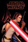"Star Wars" in roter Schrift. Frau mit Blaster, rotes Lichtschwert im Vordergrund. Comic-Stil.