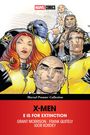 Text: X-MEN, E IS FOR EXTINCTION, GRANT MORRISON, FRANK QUITELY, IGOR KORDEY. Illustration von Comic-Charakteren in gelben Anzügen.