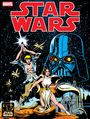 "STAR WARS" in großen roten Buchstaben. Figuren mit Lichtschwert und Blaster, ein großer Helm im Hintergrund.