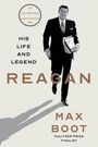 "His Life and Legend," "Reagan," by Max Boot. Ein Mann im Anzug mit Zeitungen und Schatten, minimalistischer Stil.