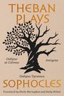 Texte: "Theban Plays", "Oedipus at Colonus", "Antigone", "Oedipus Tyrannos", "Sophocles". Silhouette eines Baumes.