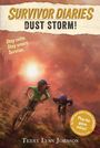 "Survivor Diaries: Dust Storm!" Illustration mit zwei Kindern auf Fahrrädern in einem stürmischen, staubigen Setting.