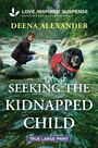 "SEEKING THE KIDNAPPED CHILD," Illustration: Mann kniet auf einem Felsen in einem Fluss, Hund mit "SEARCH + RESCUE"-Weste.