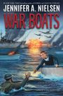 „JENNIFER A. NIELSEN WAR BOATS. Can one boy face the dangerous waters of Dunkirk...“ Illustration: Junge hilft Soldat aus Wasser.