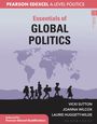 "Essentials of Global Politics" in großen Buchstaben, Weltkarte und Silhouetten von Menschen mit Gepäck, darunter Autoren.