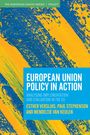 "European Union Policy in Action: Analysing Implementation and Evaluation in the EU" über gelb-blauen Pinselhänden.