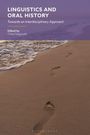 Oben steht "LINGUISTICS AND ORAL HISTORY". Darunter eine Reihe von Fußspuren am Strand, die ins Meer führen.