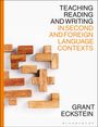 Rechte Seite: "TEACHING READING AND WRITING IN SECOND AND FOREIGN LANGUAGE CONTEXTS" von Grant Eckstein. Holzformen links.