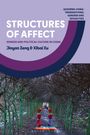 Titel: Structures of Affect. Zwei Personen in bunten Outfits stehen kopfüber in einem Waldweg.