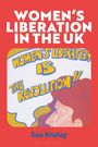 "WOMEN'S LIBERATION IN THE UK" in Weiß auf Rot. Illustration einer Frau, stilisiert in Pop-Art, spricht gelben Text.
