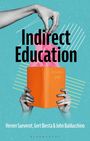 "Indirect Education. A teacher's guide." Drei Hände halten ein oranges Buch. Eine andere Hand greift darüber. Hintergrund in Blau.