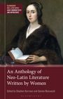 Oben links: BLOOMSBURY NEO-LATIN SERIES EARLY MODERN TEXTS AND ANTHOLOGIES. Unten: An Anthology of Neo-Latin Literature Written by Women. Edited by Stephen Harrison and Gesine Manuwald. Ein Porträt einer Frau mit Buch.