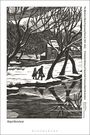 Titel: "The Women's Wood Engraving Revival 1980-1995". Unten steht "Abigail Moreshead". Schwarz-weiße Waldszene mit zwei Personen im Schnee.