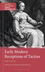 "Early Modern Receptions of Tacitus" auf rotem Hintergrund, darunter eine sitzende Frau in historischer Kleidung, Illustration.