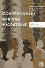 "CONtemporary African MigratiONS" in großen Buchstaben. Silhouetten von Personen in Erdfarben und Texturen.