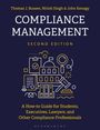 Der Titel lautet "COMPLIANCE MANAGEMENT SECOND EDITION". Unter Titel: Anleitung für Studenten, Führungskräfte, Anwälte. Darunter ist eine Illustration von Büchern, Waage und Akten.