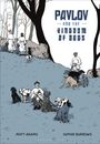 „Pavlov and the Kingdom of Dogs“, Illustration zeigt Menschen mit Hunden auf einer Wiese, minimalistische Farben.